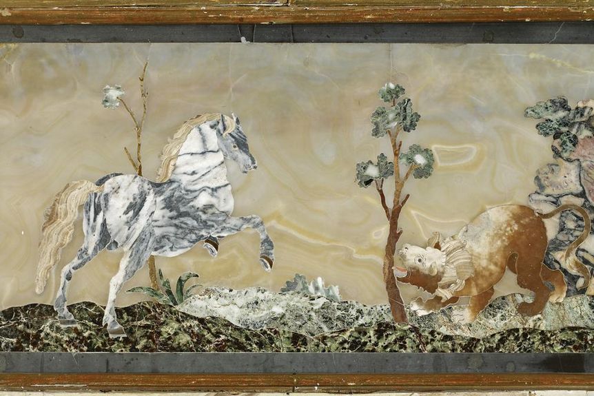 photo: Staatliche Schlösser und Gärten Baden-Württemberg, Arnim Weischer Pietra dura panel of a horse in the Florentine cabinet, Favorite Palace